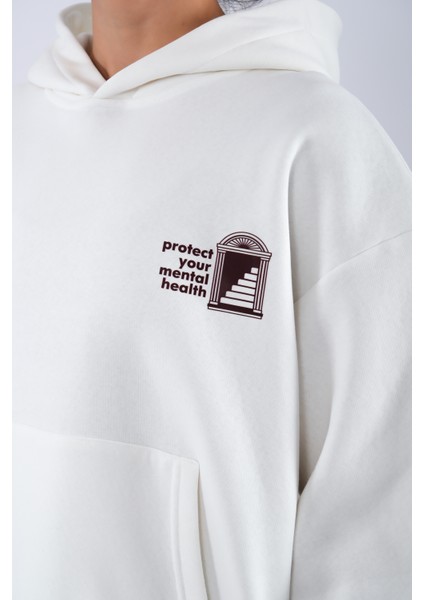 Protect Your Mental Health Relaxed Fit Hoodie Kadın - Ekru