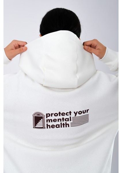 Protect Your Mental Health Relaxed Fit Hoodie Kadın - Ekru