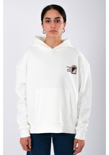 Protect Your Mental Health Relaxed Fit Hoodie Kadın - Ekru fiyatları