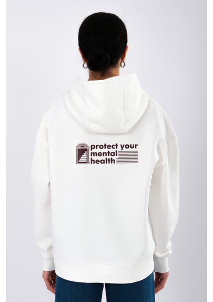 Protect Your Mental Health Relaxed Fit Hoodie Kadın - Ekru modelleri
