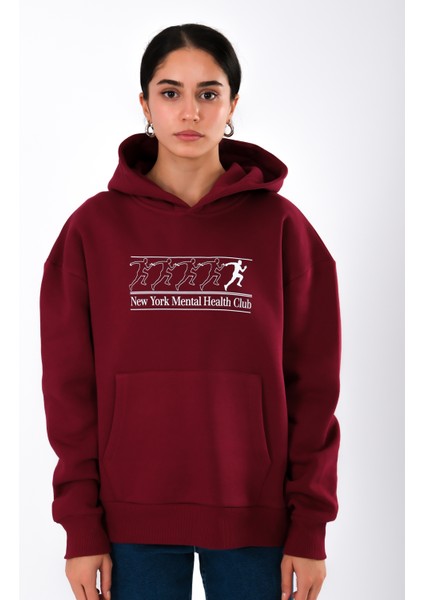 New York Mental Health Club Relaxed Fit Hoodie Kadın - Bordo