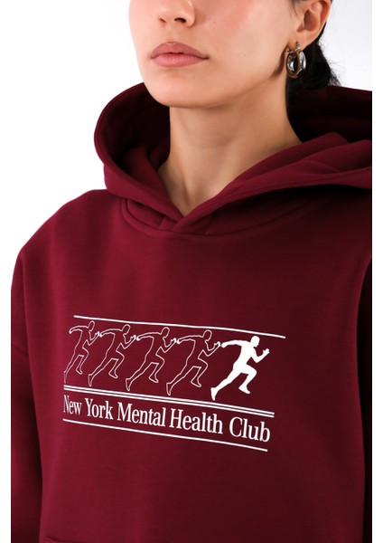 New York Mental Health Club Relaxed Fit Hoodie Kadın - Bordo indirimleri