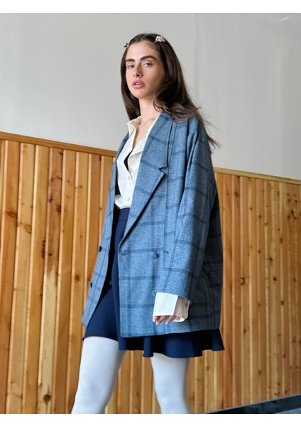 90'lar Retro Model Oversize Tasarım Ekose Ceket Kadın Kül Mavi fiyatları