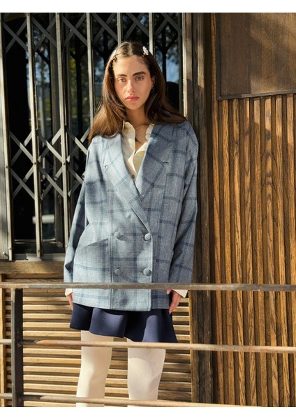 90'lar Retro Model Oversize Tasarım Ekose Ceket Kadın Kül Mavi modelleri