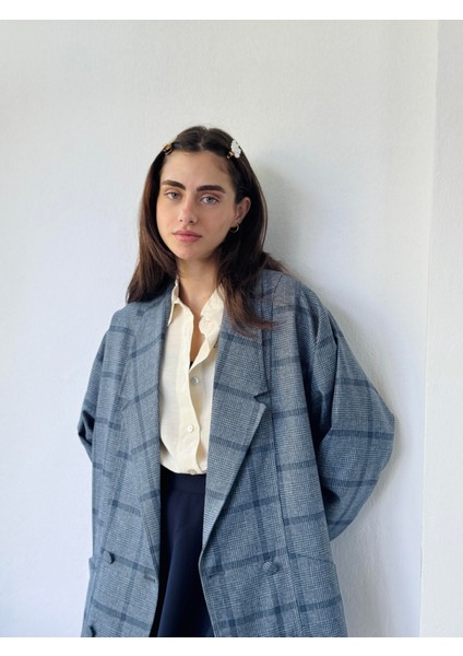 90'lar Retro Model Oversize Tasarım Ekose Ceket Kadın Kül Mavi fırsatları