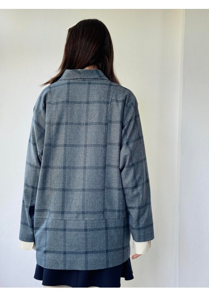 90'lar Retro Model Oversize Tasarım Ekose Ceket Kadın Kül Mavi indirimleri