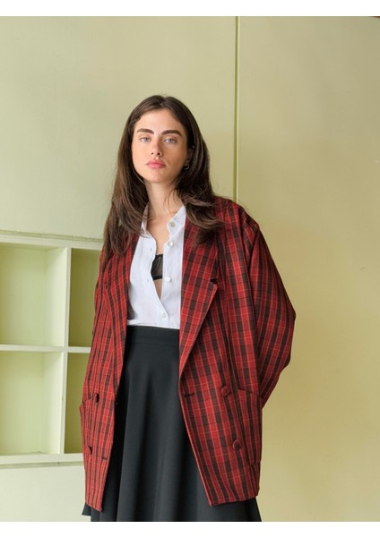 90'lar Retro Model Oversize Tasarım Ekose Ceket Kadın Kırmızı modelleri