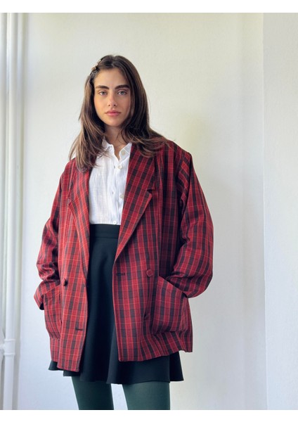 90'lar Retro Model Oversize Tasarım Ekose Ceket Kadın Kırmızı fırsatları