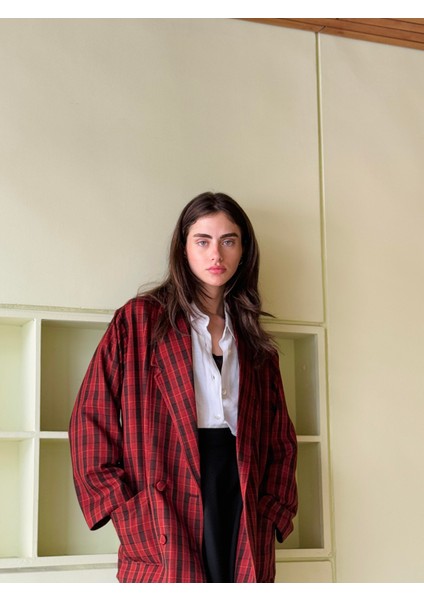 90'lar Retro Model Oversize Tasarım Ekose Ceket Kadın Kırmızı indirimleri