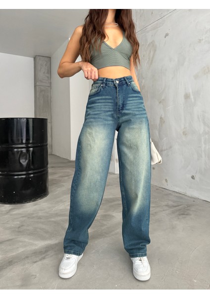 Kadın Soluk Efektli Bol Kesim Geniş Paça Rahat Baggy Jean Pantolon indirimleri
