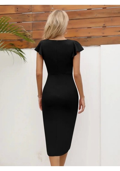 Kadın Kısa Kollu Kalp Yaka Yanlardan Büzgü Detay Midi Ithal Krep Elbise modelleri