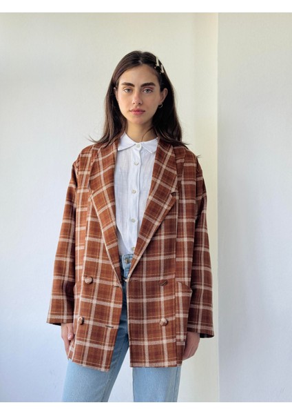 90'lar Retro Model Oversize Tasarım Ekose Ceket Kadın Açık Kahve indirimleri