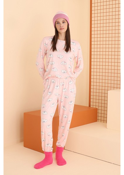 Pembe Cloud Pattern Pijama Takımı