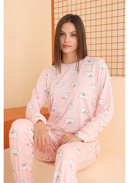 Pembe Cloud Pattern Pijama Takımı