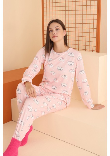 Pembe Cloud Pattern Pijama Takımı