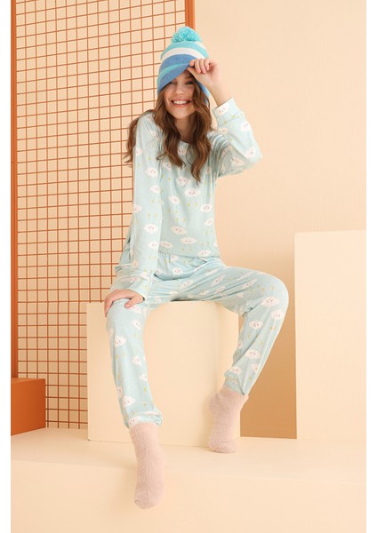 Yeşil Cloud Pattern Pijama Takımı