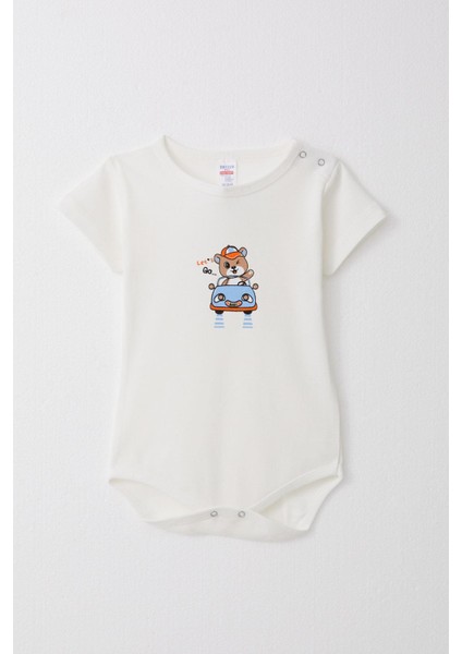 Erkek Bebek Çıtçıtlı Zıbın Body Neşeli Şöför Ayıcık 9 Ay-3 Yaş, Ekru