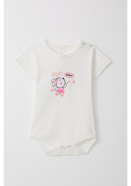 Kız Bebek Çıtçıtlı Zıbın Body Mutlu Tavşancık Baskılı Çiçekli 9 Ay-3 Yaş, Ekru