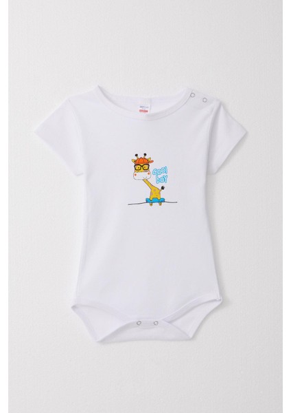 Erkek Bebek Çıtçıtlı Zıbın Body Sevimli Kaykaycı Zürafa Baskılı 9 Ay-3 Yaş, Beyaz