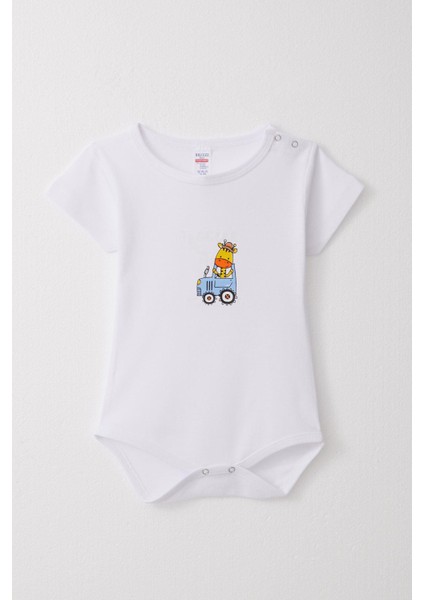 Erkek Bebek Çıtçıtlı Zıbın Body Sevimli Şöför Zürafa Baskılı 9 Ay-3 Yaş, Beyaz