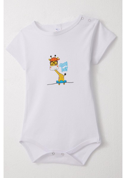 Erkek Bebek Çıtçıtlı Zıbın Body Sevimli Kaykaycı Zürafa Baskılı 9 Ay-3 Yaş, Beyaz modelleri