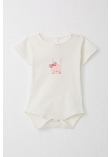 Kız Bebek Çıtçıtlı Zıbın Body Sevimli Tavşancık Baskılı 9 Ay-3 Yaş, Ekru
