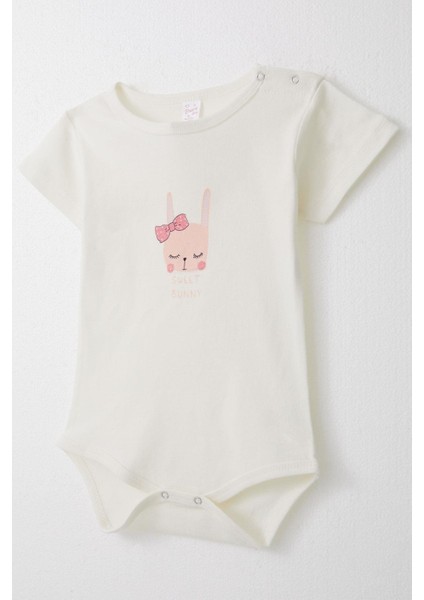 Kız Bebek Çıtçıtlı Zıbın Body Sevimli Tavşancık Baskılı 9 Ay-3 Yaş, Ekru