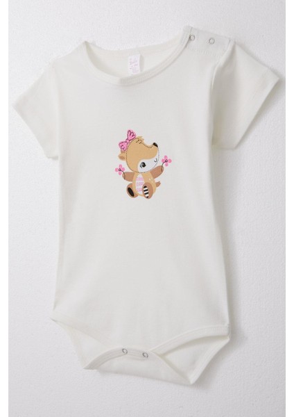 Kız Bebek Çıtçıtlı Zıbın Body Sevimli Ceylancık Baskılı Çiçekli 9 Ay-3 Yaş, Ekru