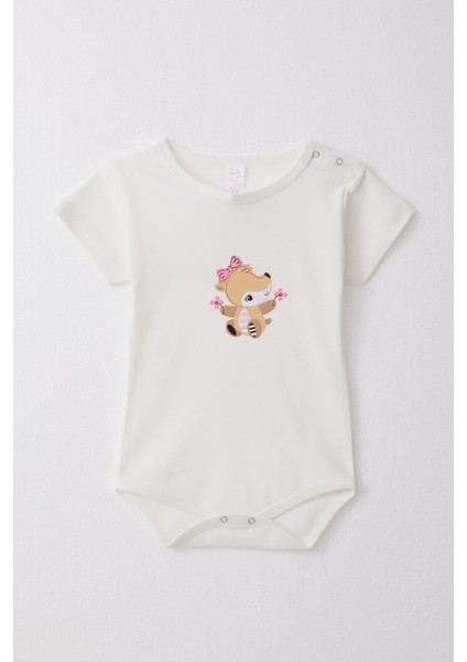 Kız Bebek Çıtçıtlı Zıbın Body Sevimli Ceylancık Baskılı Çiçekli 9 Ay-3 Yaş, Ekru