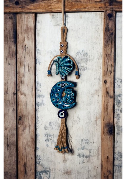 Nazar Boncuklu Seramik Ay ve Kedi Desenli Kelebek Dekoratifli Çok Amaçlı Duvar Süs Eşyası 11 x 54 cm fiyatları