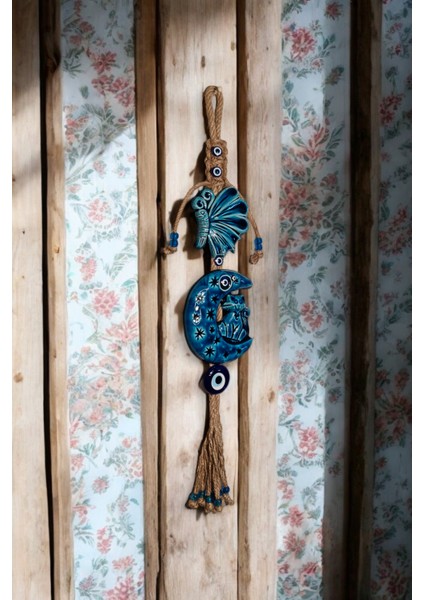 Nazar Boncuklu Seramik Ay ve Kedi Desenli Kelebek Dekoratifli Çok Amaçlı Duvar Süs Eşyası 11 x 54 cm modelleri
