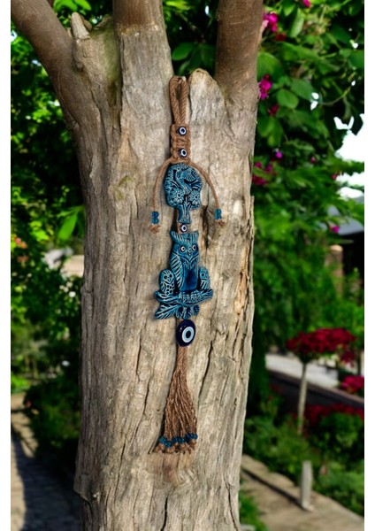 Nazar Boncuklu Seramik Ağaç ve Baykuş Desenli Dal Dekoratifli Çok Amaçlı Duvar Süs Eşyası 12 x 54 cm