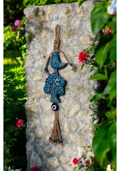 Nazar Boncuklu Seramik Ağaç ve Yavru Kuş Desenli Nar Dekoratifli Çok Amaçlı Duvar Süs Eşyası 12 x 54 cm