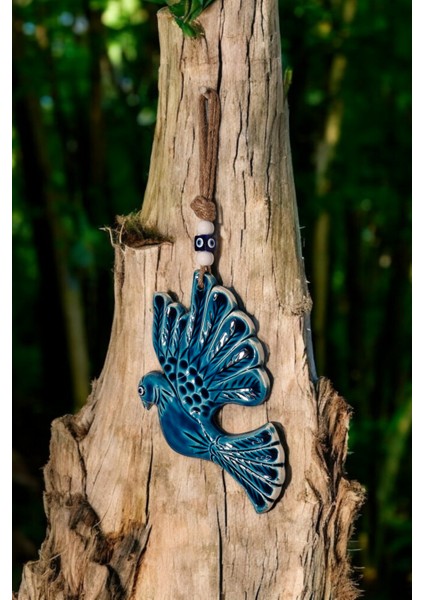 Nazar Boncuklu Seramik Görkemli Kuş Desenli Mavi Beyaz Renk Dekoratifli Çok Amaçlı Süs Eşya 15 x 22 cm