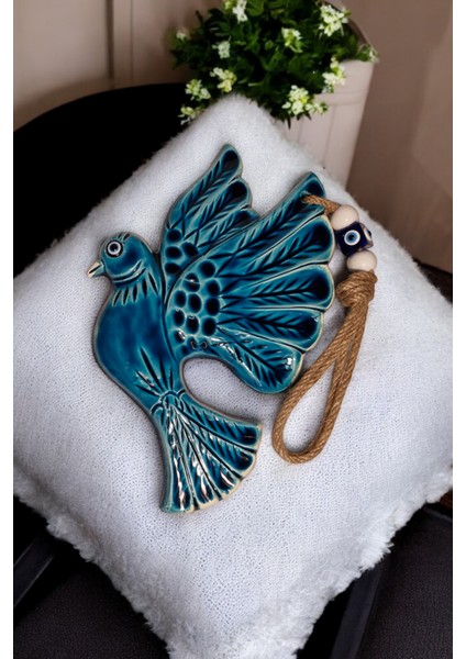 Nazar Boncuklu Seramik Görkemli Kuş Desenli Mavi Beyaz Renk Dekoratifli Çok Amaçlı Süs Eşya 15 x 22 cm modelleri