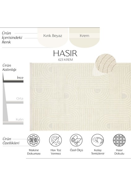 Hasır 623 Krem Ince Halı Kilim Mutfak Halısı Kesme Halı Oturma Odası Halısı Yazlık Halı