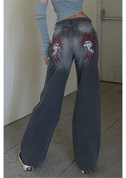 Gri Double Fire Skull Streetwear Yıkamalı Jean Pantolon