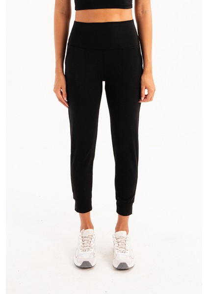 Yüksek Bel Lastikli Cepli Rahat Kesim Toparlayıcı Jogger Siyah Kadın Eşofman Altı - Beat