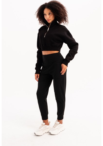 Yüksek Bel Lastikli Cepli Rahat Kesim Toparlayıcı Jogger Siyah Kadın Eşofman Altı - Beat fiyatları