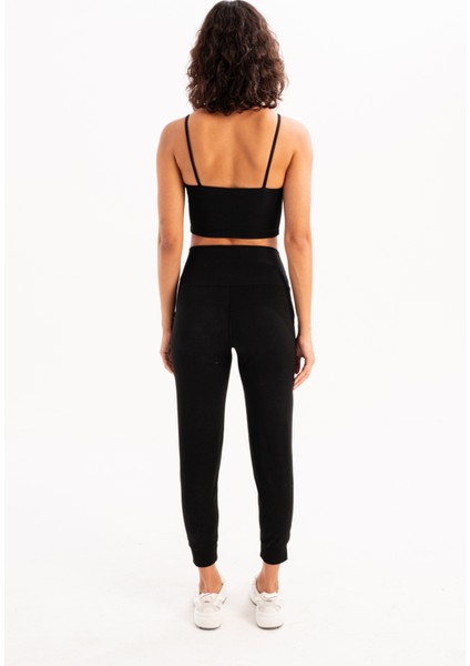 Yüksek Bel Lastikli Cepli Rahat Kesim Toparlayıcı Jogger Siyah Kadın Eşofman Altı - Beat