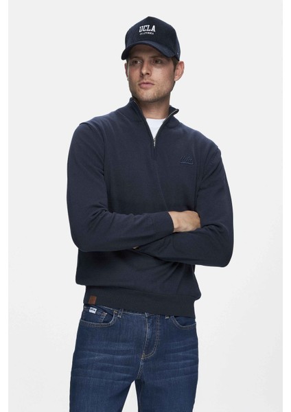 Fred Koyu Lacivert Yarım Fermuarlı Nakışlı Standard Fit Erkek Triko