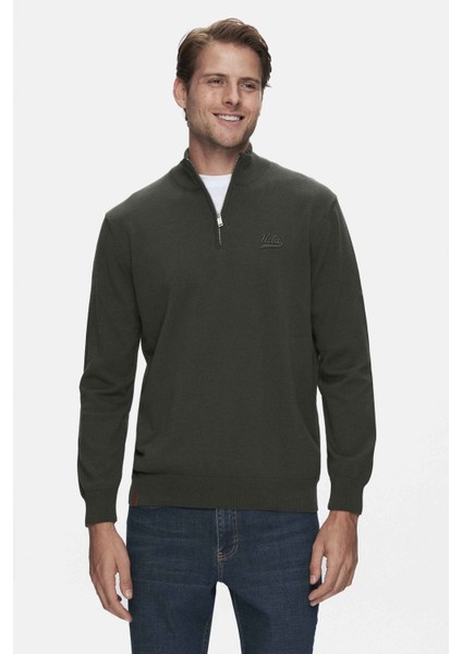 FRED Yeşil Yarım Fermuarlı Dik Yaka Nakışlı Standard Fit Erkek Triko