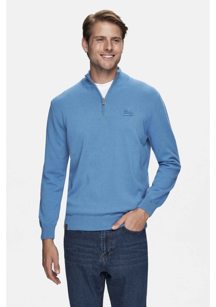 FRED Mavi Yarım Fermuarlı Dik Yaka Nakışlı Standard Fit Erkek Triko