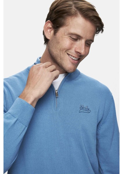 FRED Mavi Yarım Fermuarlı Dik Yaka Nakışlı Standard Fit Erkek Triko modelleri