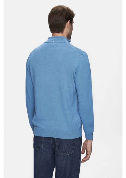 FRED Mavi Yarım Fermuarlı Dik Yaka Nakışlı Standard Fit Erkek Triko fırsatları