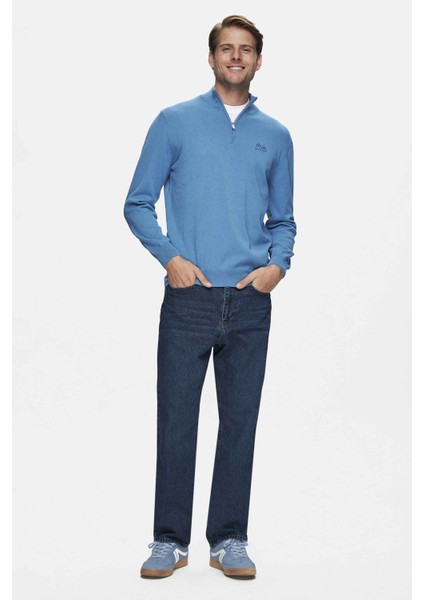 FRED Mavi Yarım Fermuarlı Dik Yaka Nakışlı Standard Fit Erkek Triko indirimleri