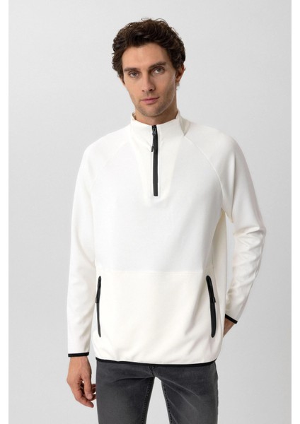 Fermuarlı Yaka Modal Kumaş Esnek Beyaz Erkek Sweatshirt