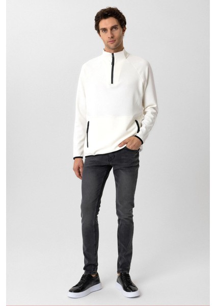 Fermuarlı Yaka Modal Kumaş Esnek Beyaz Erkek Sweatshirt
