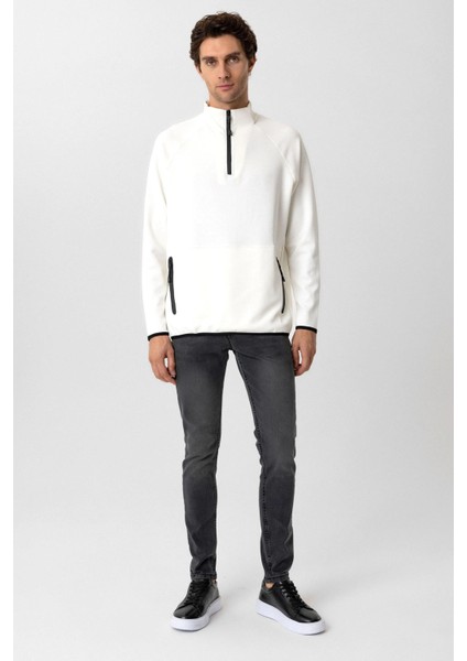 Fermuarlı Yaka Modal Kumaş Esnek Beyaz Erkek Sweatshirt