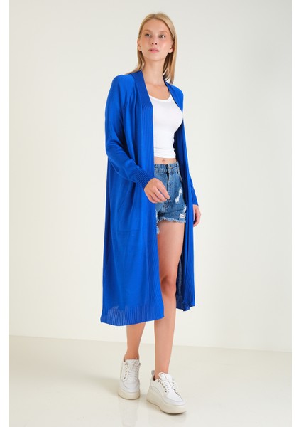 Kadın Oversize Cepli Uzun Hırka Saks Mavi
